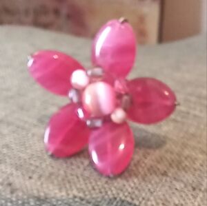 Pink Fairy Flower Wire Ring w/ Pink Czech Glass and Cats Eye - New Item (Sz 5)